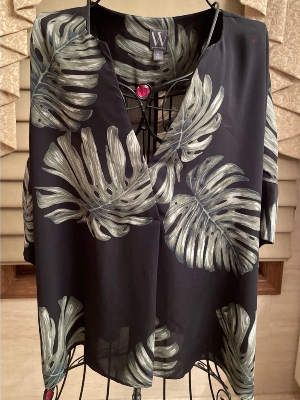 Worthington Black And Olive Green Print Kimono Short Sleeve Blouse Size XL